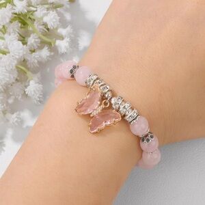 🆕New Healing Rose Quartz Crystal Gemstone Bracelet with Butterfly Charm